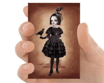 Goth Girl And Her Pet Crow ACEO Print - Gothic Style Mini Print
