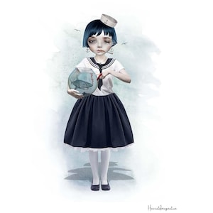 Quirky Sailor Girl and Shark Art Print – Whimsical Nautical Wall Decor