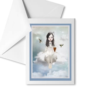 Girl Sitting On Cloud Surreal Art Greeting Card - Blank Card, Suitable For Framing