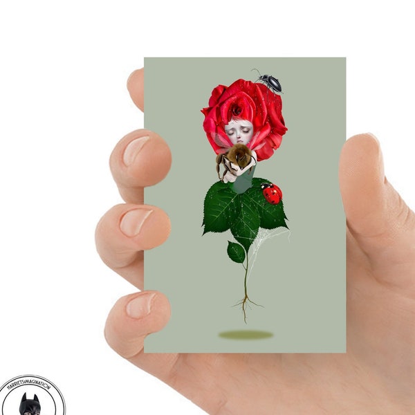 Red Rose & Bumblebee Fantasy Print - Surrealistic ACEO Illustration
