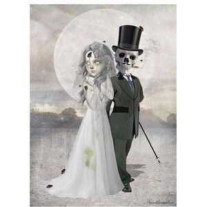 Zombie Bride & Skeleton Art Print: Gothic Wedding Decor