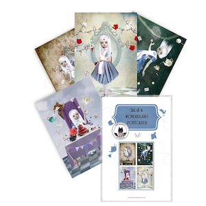 Lot de 4 cartes postales | Art de conte de fées | Alice au pays des merveilles
