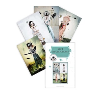 Ensemble de cartes postales d'art de fille d'oiseau | 4 x cartes postales d'art surréaliste