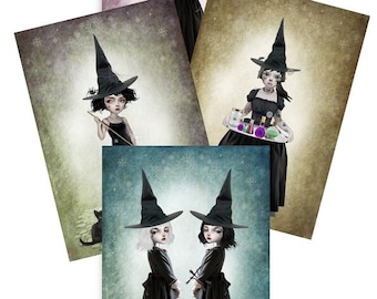 Witch Art Postcard Set of 4 x Creepy Cute Postcards