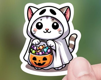 Cute halloween kitty in ghost costume, Die-Cut Sticker, Hydro Flask Sticker, Tumbler Decal, Lap top Decal, Kindle decal, Fall kitten Sticker
