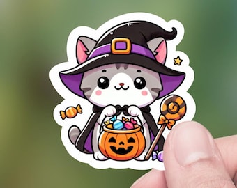 Cute halloween kitty in witch costume, Die-Cut Sticker, Hydro Flask Sticker, Tumbler Decal, Lap top Decal, Kindle decal, Fall kitten Sticker