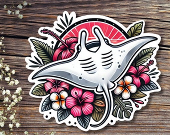 Summer Ocean Manta Ray with tropical Flowers, Shark, Die-Cut Sticker, Hydro Sticker, Water bottle Sticker, Laptop Sticker, Kindle sticker