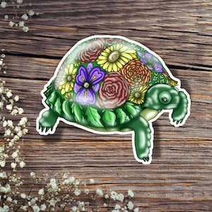 Cute Tortoise with a flower shell Die-Cut Sticker, Hydro Flask Sticker, Water bottle Decal, turtle lover, Laptop decal, Kindle decal
