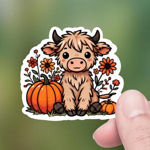 Cute Kawaii Fall Highland Cow calf with Pumpkin, flowers, Die-Cut Sticker, Hydro Flask, Tumbler, Lap top Decal, Kindle decal, Water Bottle
