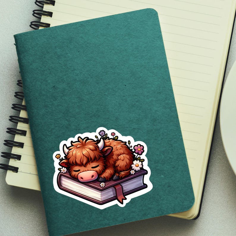 May include: A brown and white cartoon Highland cow sleeping on a closed book with a red ribbon bookmark. The book is surrounded by small pink, white and purple flowers.
