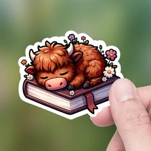 Cute Highland Cow calf sleeping on a Book, Die-Cut Sticker, Hydro Flask Sticker, Tumbler Decal, Lap top Decal, Kindle decal, Water Bottle