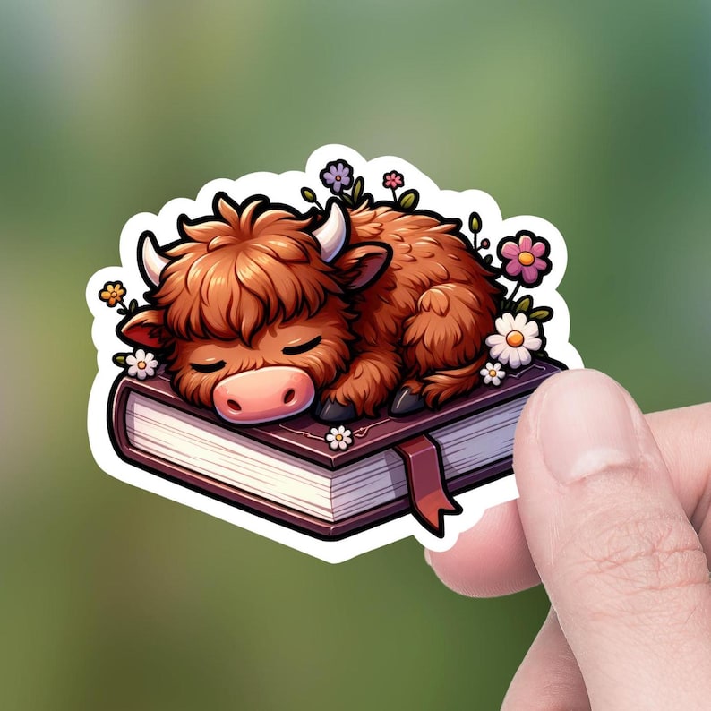 May include: A brown and white highland cow is sleeping on a closed book with a brown cover. The book is surrounded by small white and pink flowers.