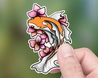 Koi Fish and flowers Design Die-Cut Sticker, Hydro Flask Sticker, Orange and white, pink flowers, Koi Lover, Laptop decal, Kindle decal