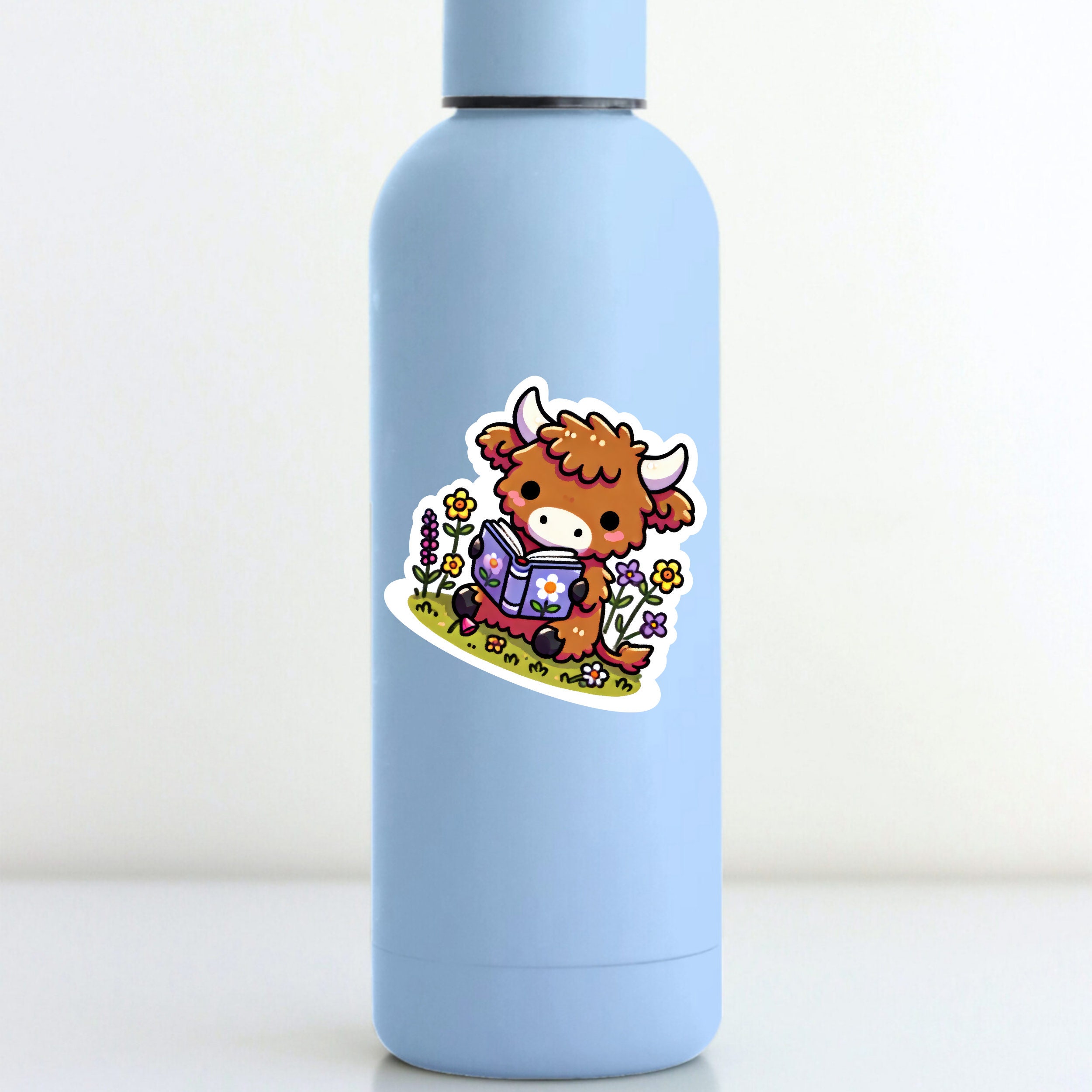 Cute Highland Cow Calf Reading a Book, Die-cut Sticker, Hydro Flask ...