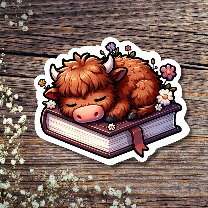 May include: A brown and white Highland cow sleeps on a closed book with a brown cover. The book is surrounded by pink, white and purple flowers.