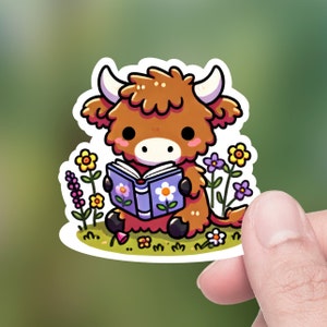 Cute Highland Cow Calf Reading a Book, Die-Cut Sticker, Hydro Flask Sticker, Tumbler Sticker, Lap top Decal, Kindle Sticker, Bottle Sticker