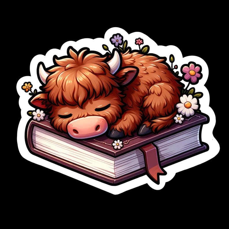 May include: A brown and white Highland cow is asleep on a closed book with a brown leather cover and a bookmark. The book is surrounded by pink, white and purple flowers.
