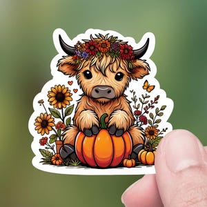 Cute Fall Highland Cow calf with Pumpkin, flowers, Die-Cut Sticker, Hydro Flask, Tumbler Decal, Lap top Decal, Kindle decal, Water Bottle