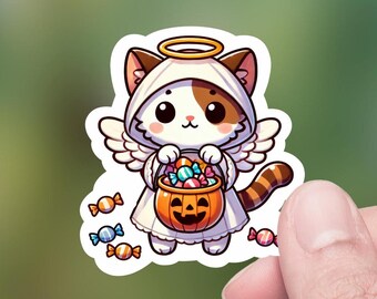 Cute halloween kitty in angel costume, Die-Cut Sticker, Hydro Flask Sticker, Tumbler Decal, Lap top Decal, Kindle decal, Fall kitten Sticker