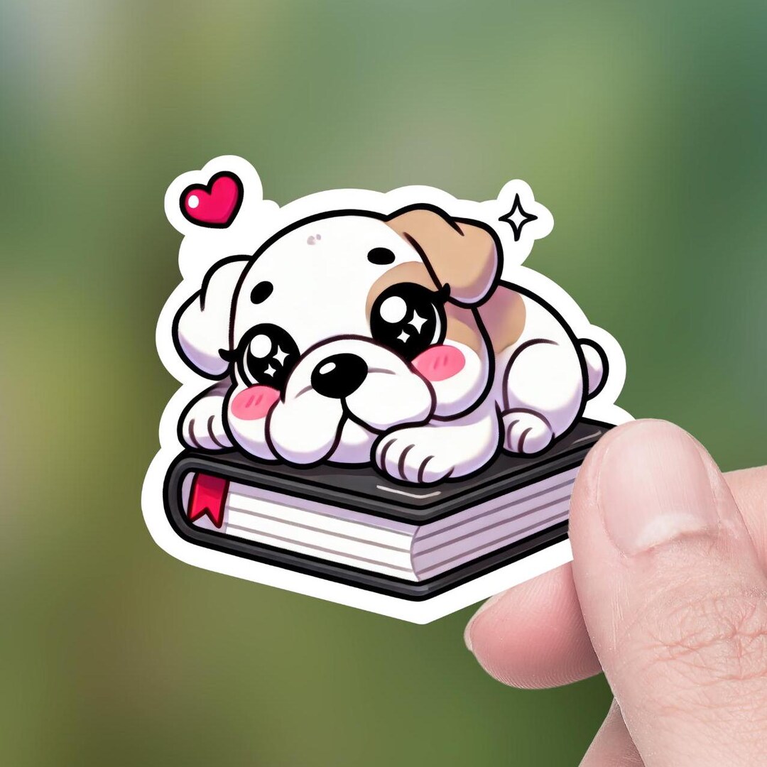 Cute Kawaii Bulldog Puppy on a Book, Die-cut Sticker, Hydro Flask ...