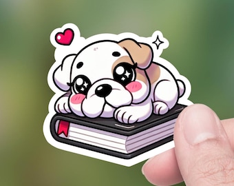 Cute Kawaii Bulldog Puppy on a Book, Die-Cut Sticker, Hydro Flask Sticker, Tumbler Decal, Lap top Decal, Kindle decal, Water Bottle Sticker