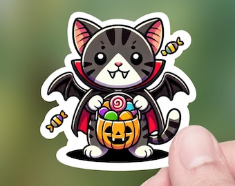 Cute halloween kitten in Vampire costume, Die-Cut Sticker, Hydro Flask Sticker, Tumbler Decal, Lap top Decal, Kindle decal, Fall cat Sticker