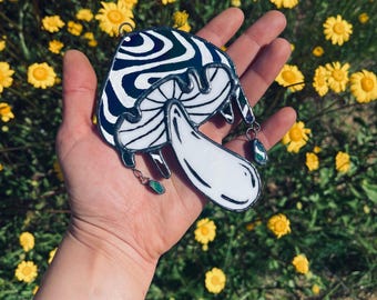 Handmade trippy psychedelic mushroom with hanging drips. Black iridescent glass. Suncatcher. Panel.