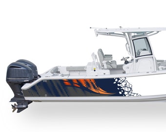 May include: A white boat with a black and orange graphic design on the side. The boat has a white hardtop and a single outboard motor.