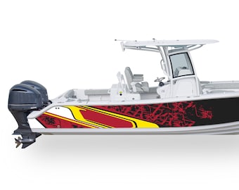 May include: A white boat with a red, yellow, and black graphic design on the side. The boat has a hardtop and a single outboard motor.