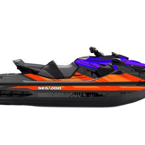 May include: A black and orange Sea-Doo jet ski with purple detailing. The personal watercraft features the Sea-Doo logo in white. The jet ski is designed for recreational use on the water.