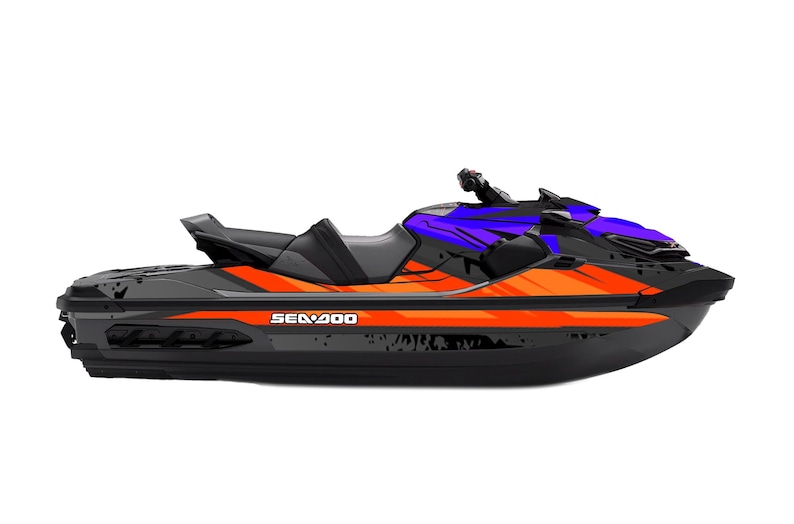 May include: A black and orange Sea-Doo jet ski with purple detailing. The personal watercraft features the Sea-Doo logo in white. The jet ski is designed for recreational use on the water.