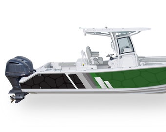 May include: A white boat with a green, black, and gray patterned stripe along the side. The boat has a hardtop with a windshield and two outboard motors.