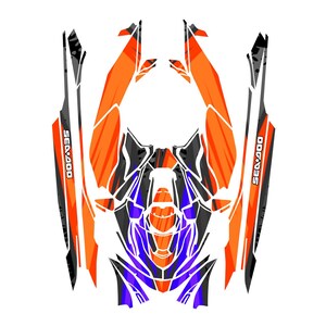 May include: A vehicle graphic design in orange, black, white, and purple. The design includes the text "SEA 400" in white. The design is abstract and geometric, with a modern aesthetic.