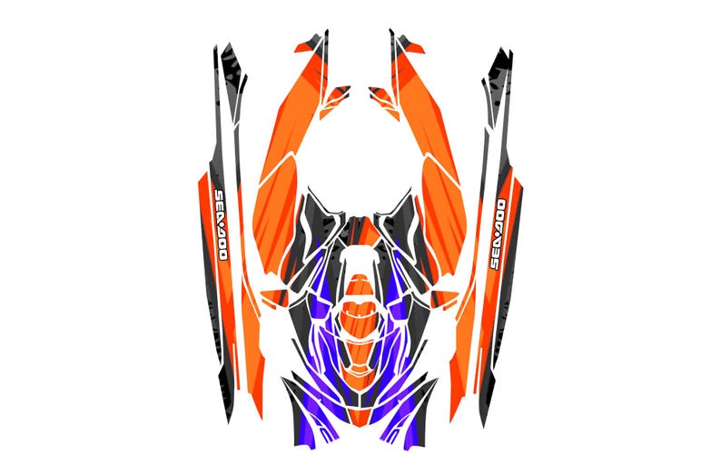 May include: A vehicle graphic design in orange, black, white, and purple. The design includes the text "SEA 400" in white. The design is abstract and geometric, with a modern aesthetic.