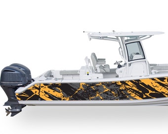 May include: A white boat with a black and yellow camouflage design on the side. The boat has a hardtop and two outboard motors.