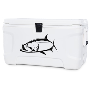 May include: White cooler with a black fish graphic on the side. The cooler has a black latch and a white handle.