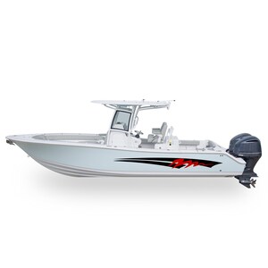 May include: A white center console fishing boat with a black and red stripe on the side. The boat has a hardtop with a windshield and a single outboard motor.