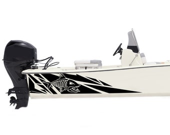 May include: A white boat with a black and white fish graphic on the side. The boat has a black outboard motor and a white seat.