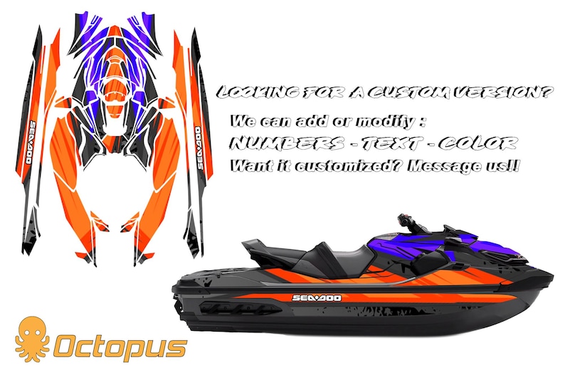 May include: A black and orange Sea-Doo jet ski with matching decals. The design includes orange, black, and purple accents. Text on the image reads "LOOKING FOR A CUSTOM VERSION?" and "We can add or modify: NUMBERS - TEXT - COLOR".