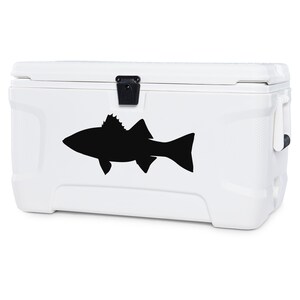 May include: White cooler with a black silhouette of a fish on the side.