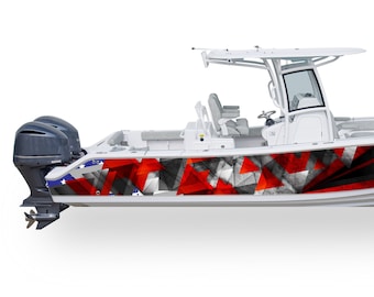 May include: A white boat with a red, black, and gray geometric pattern on the side. The boat has a hardtop and two outboard motors.