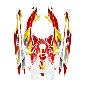 May include: A Sea-Doo watercraft graphic design with a striking pattern of red, yellow, white, and grey geometric shapes. The design includes the text "SEA-DOO 400" on the sides.