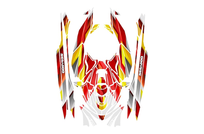 May include: A Sea-Doo watercraft graphic design with a striking pattern of red, yellow, white, and grey geometric shapes. The design includes the text "SEA-DOO 400" on the sides.