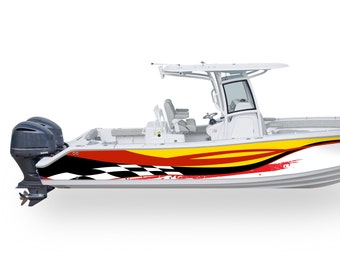 May include: A white boat with a red, yellow, and black checkered racing stripe decal. The boat has a white hardtop and a single outboard motor.