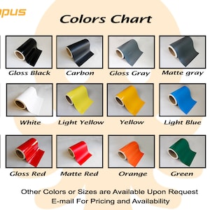 Puede incluir: Carta de colores que muestra rollos de vinilo en varios tonos, incluyendo negro mate, negro brillante, carbono, gris brillante, gris mate y plateado. Otros colores son blanco, amarillo, azul, dorado, rojo, naranja, verde y verde lima. Logotipo de Octopus Wrap.