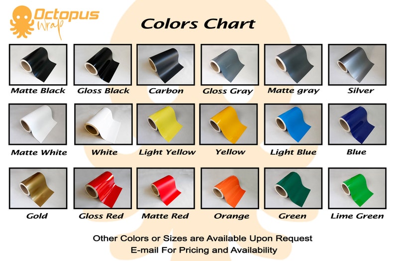 Puede incluir: Carta de colores que muestra rollos de vinilo en varios tonos, incluyendo negro mate, negro brillante, carbono, gris brillante, gris mate y plateado. Otros colores son blanco, amarillo, azul, dorado, rojo, naranja, verde y verde lima. Logotipo de Octopus Wrap.