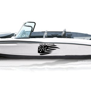 US flag Boat custom name Decal Compatible with Bass Boat Sticker American flag Vinyl Name Lettering Marine Registration Number