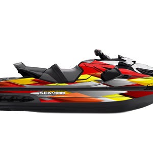 May include: A Sea-Doo personal watercraft with a striking design. The jet ski has a black hull with a colourful pattern of red, yellow, and grey accents. The model name "SeaDoo" is visible on the side.
