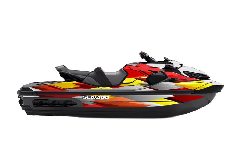 May include: A Sea-Doo personal watercraft with a striking design. The jet ski has a black hull with a colourful pattern of red, yellow, and grey accents. The model name "SeaDoo" is visible on the side.