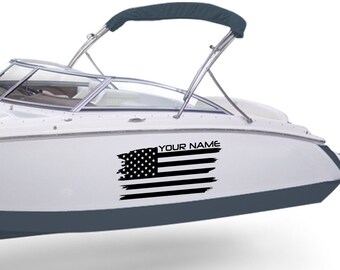 Bootsticker met Amerikaanse vlag, compatibel met bowrider boten. Sticker met aangepaste naam, Amerikaanse vlag, vinyl naamletters, scheepsregistratienummer.